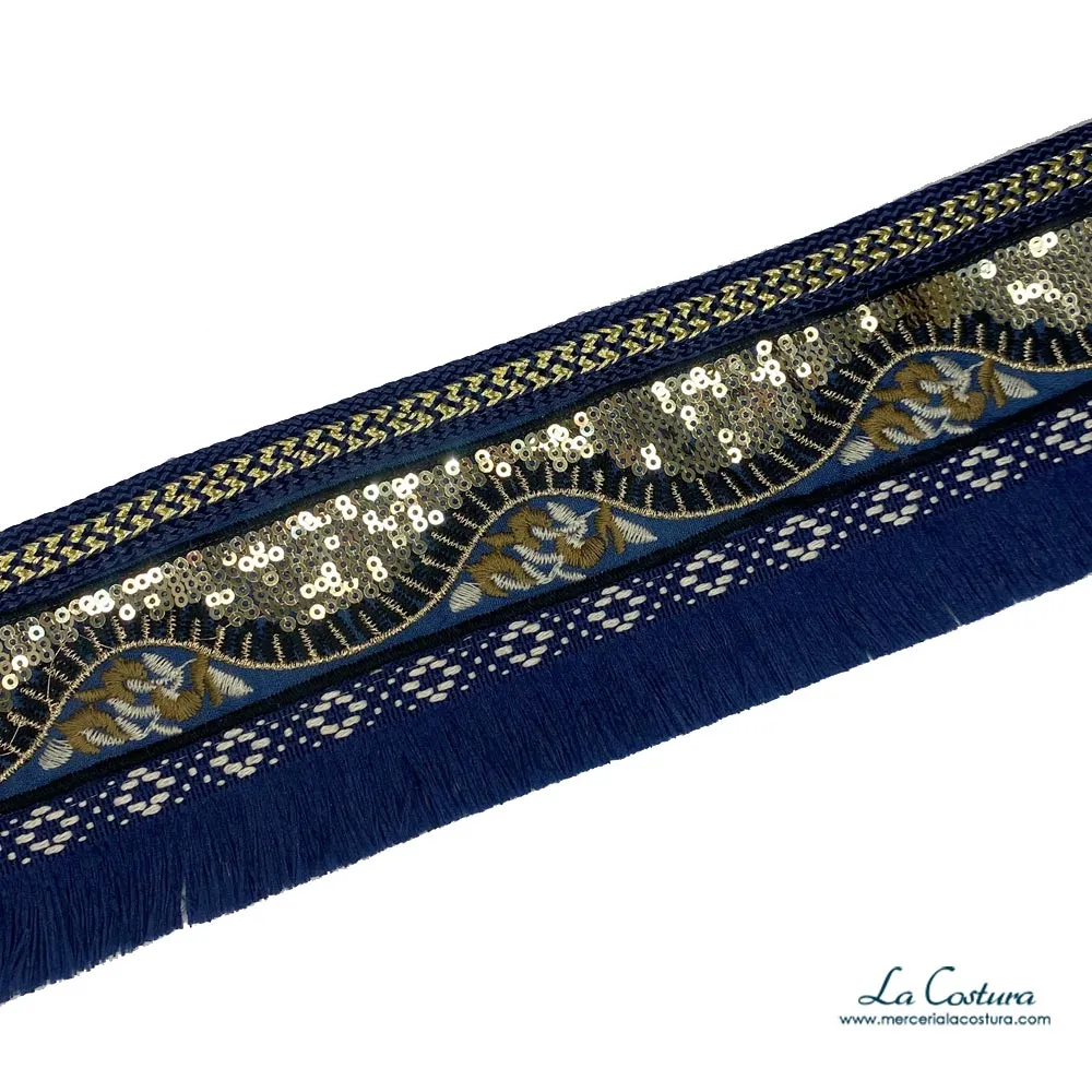 Pasamanería azul con lentejuelas y flecos