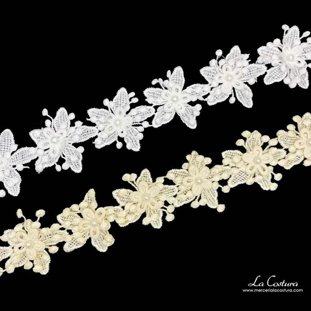 Pasamanería guipur flores y perlas - Imagen 4