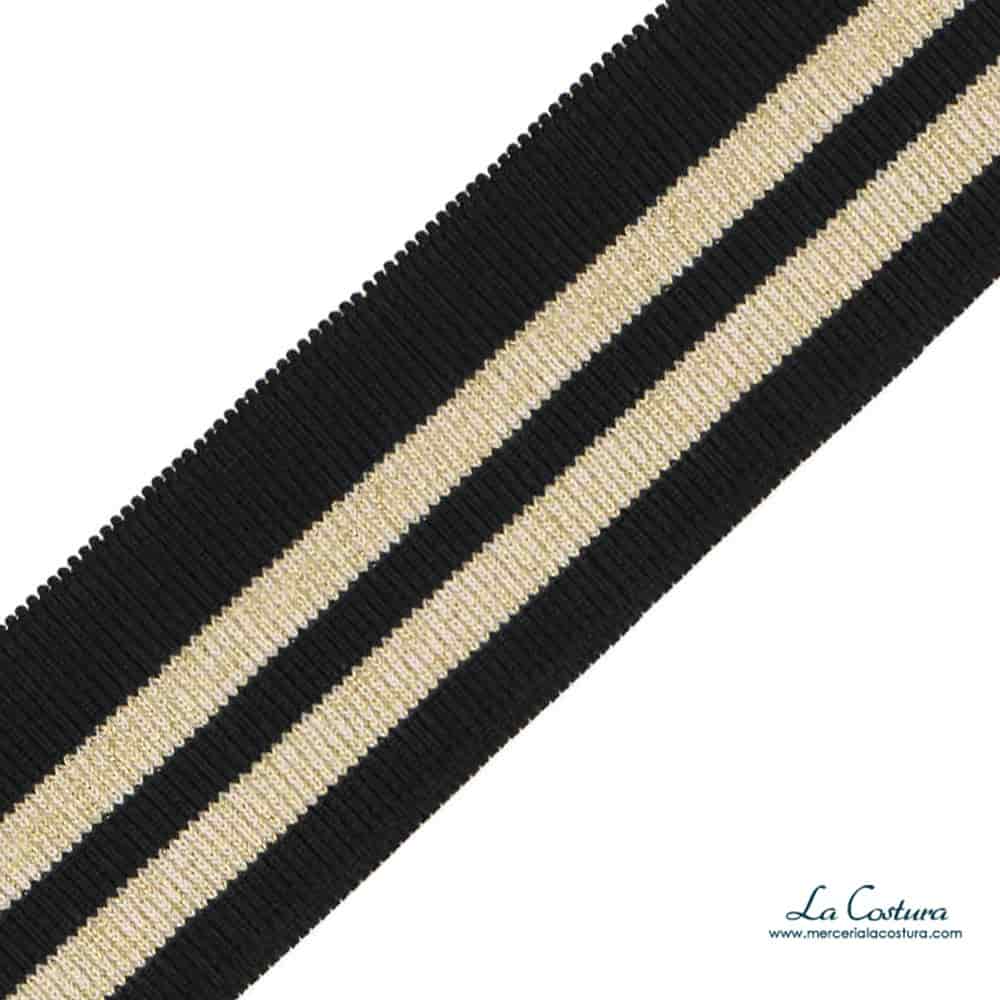 Cinta elástica canalé rayas negro y dorado para cinturas y puños