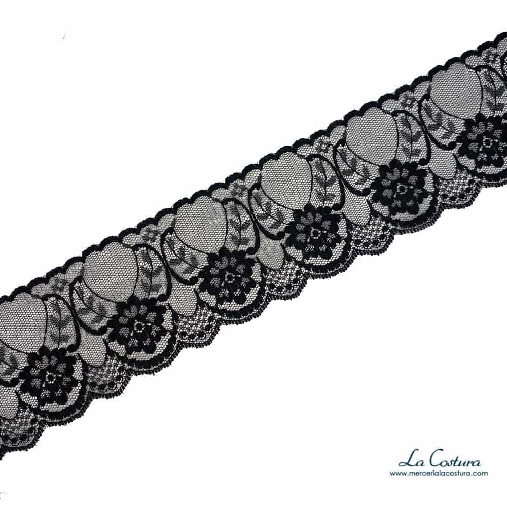 Puntilla elástica flor 6cm negra