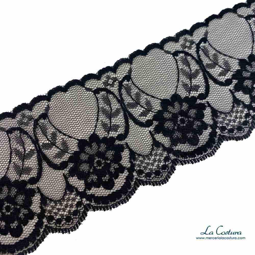 Puntilla elástica flor 6cm negra - Imagen 2