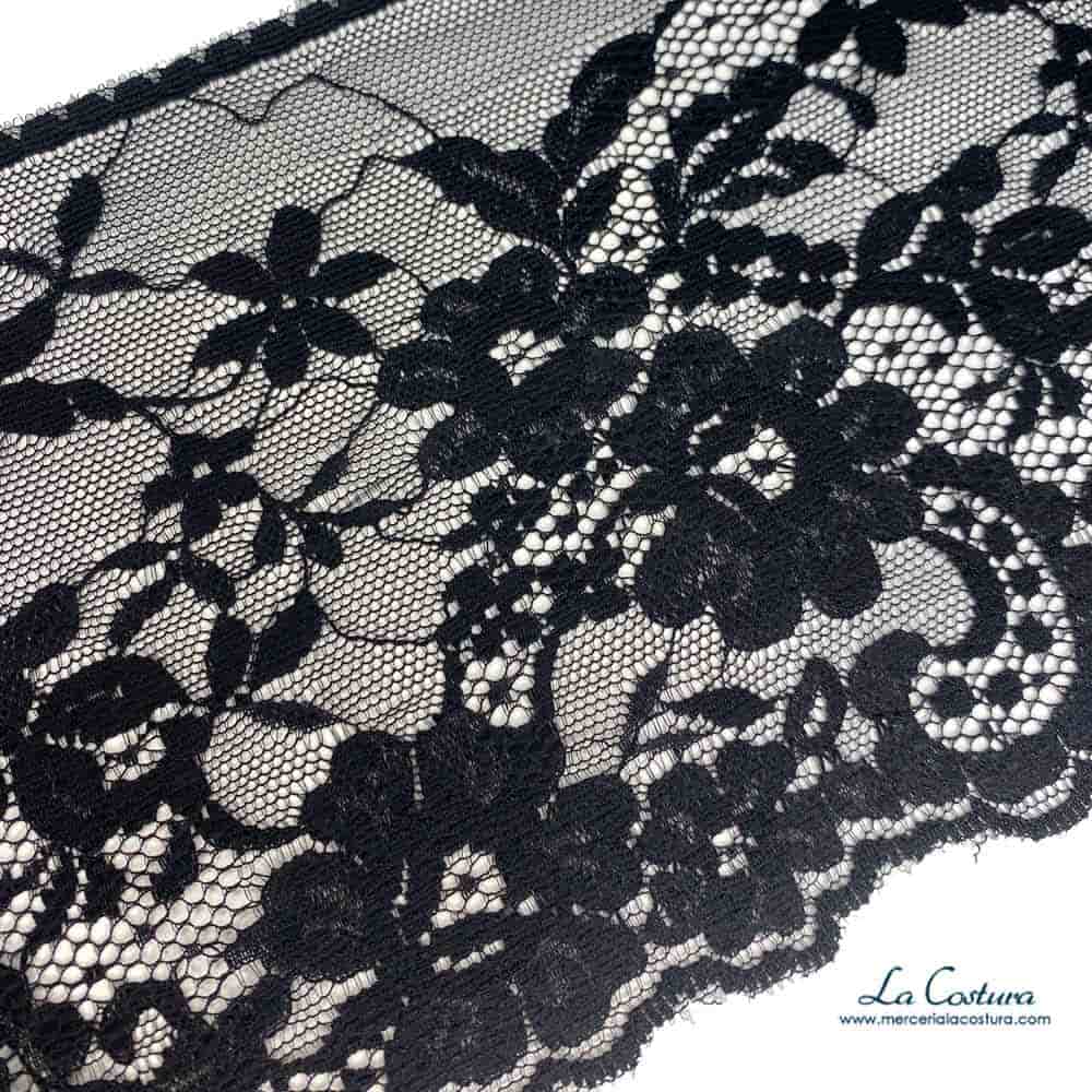 Puntilla elástica flores 13,5cm negra