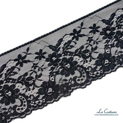 Puntilla elástica flores 13,5cm negra