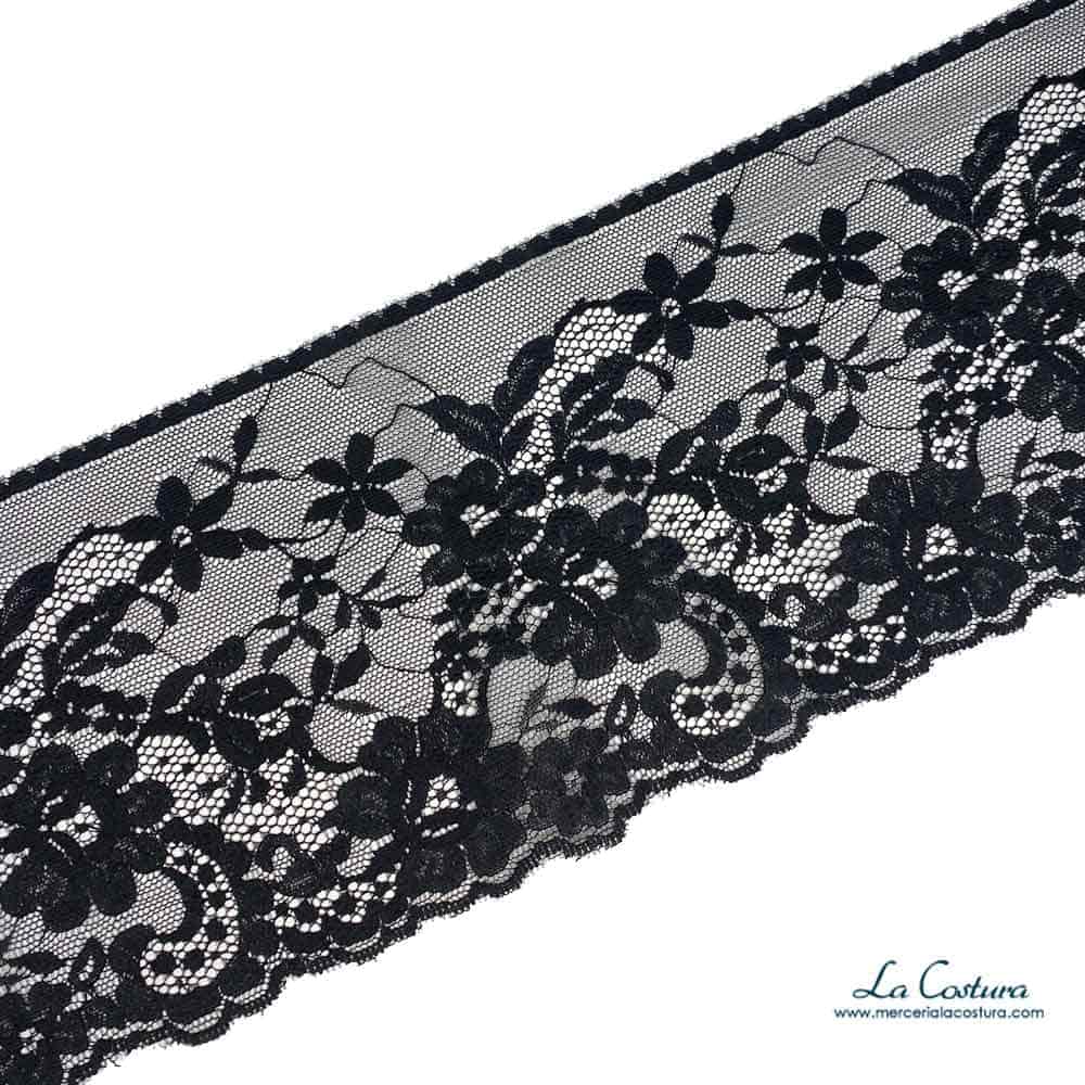 Puntilla elástica flores 13,5cm negra