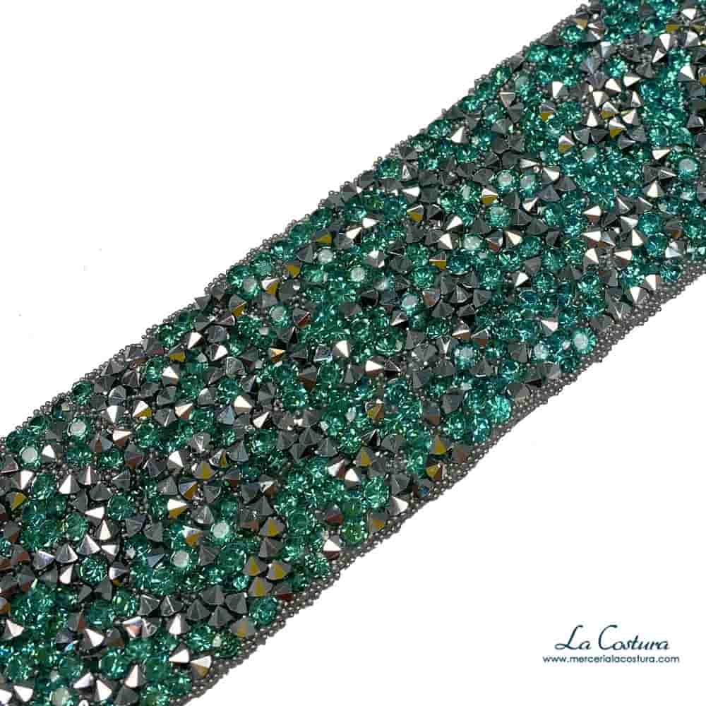 Pasamaneria termoadhesiva strass pedreria verde y plata 35mm