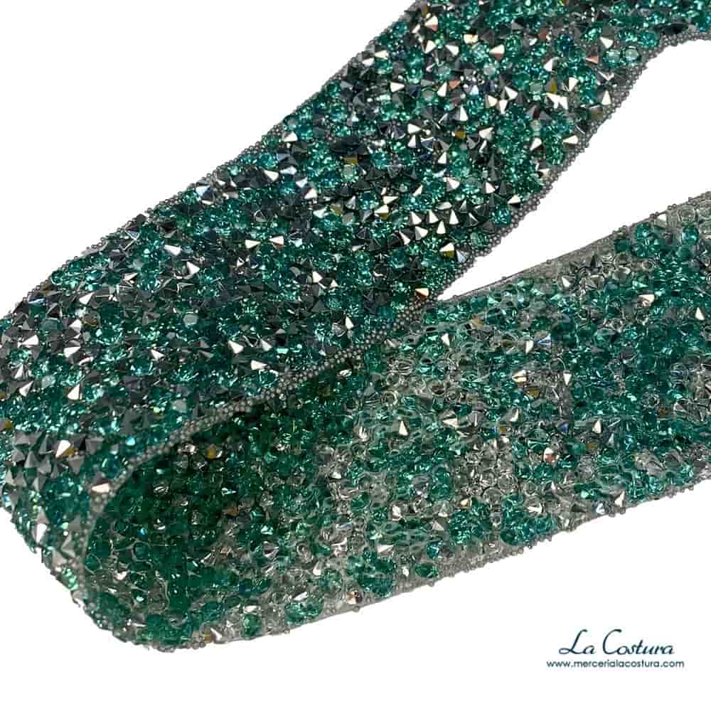 Pasamaneria termoadhesiva strass pedreria verde y plata 35mm