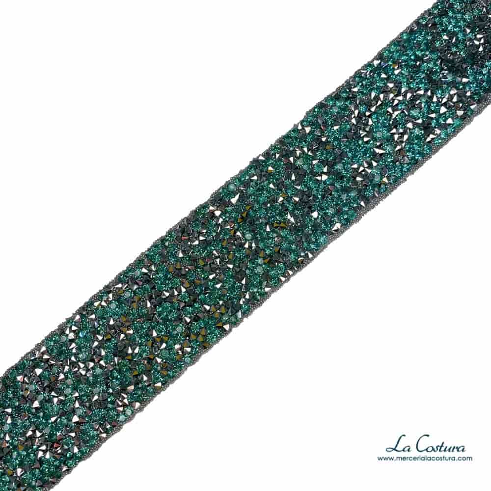 Pasamaneria termoadhesiva strass pedreria verde y plata 35mm